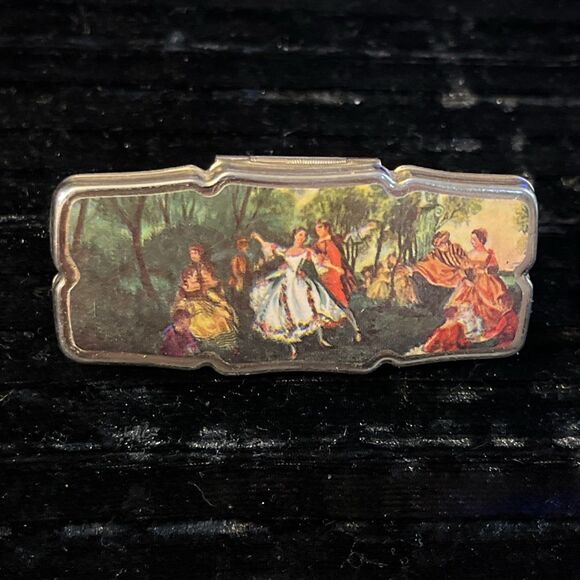 Vintage Victorian Dancing Couple Scene Gold Tone Lipstick Holder Mirror Hinged - Picture 1 of 5
